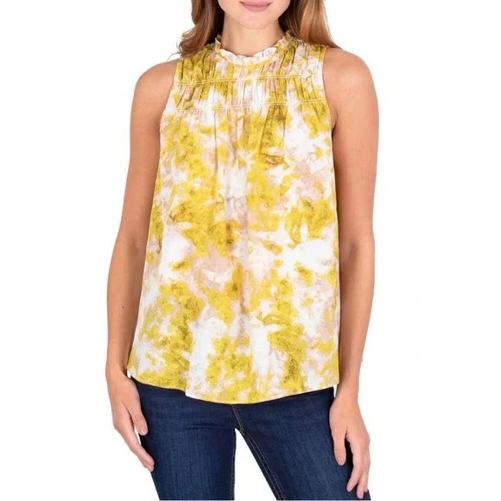Joie Fern Yellow Green Print Smocked High Neck Sleeveless A-line Swing Blouse
